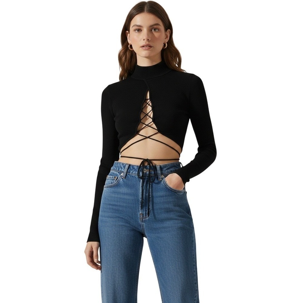 ASTR The Label Black Long Sleeve Lace Up Mock Neck Crop Sweater NWT - Picture 6 of 9